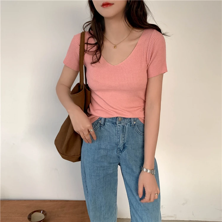 AOSSVIAO 2024 Basic V-neck Solid Thin Summer Pullover Women Female Knitted Ribbed Sweater Slim Short Sleeve Bodycon Sweater