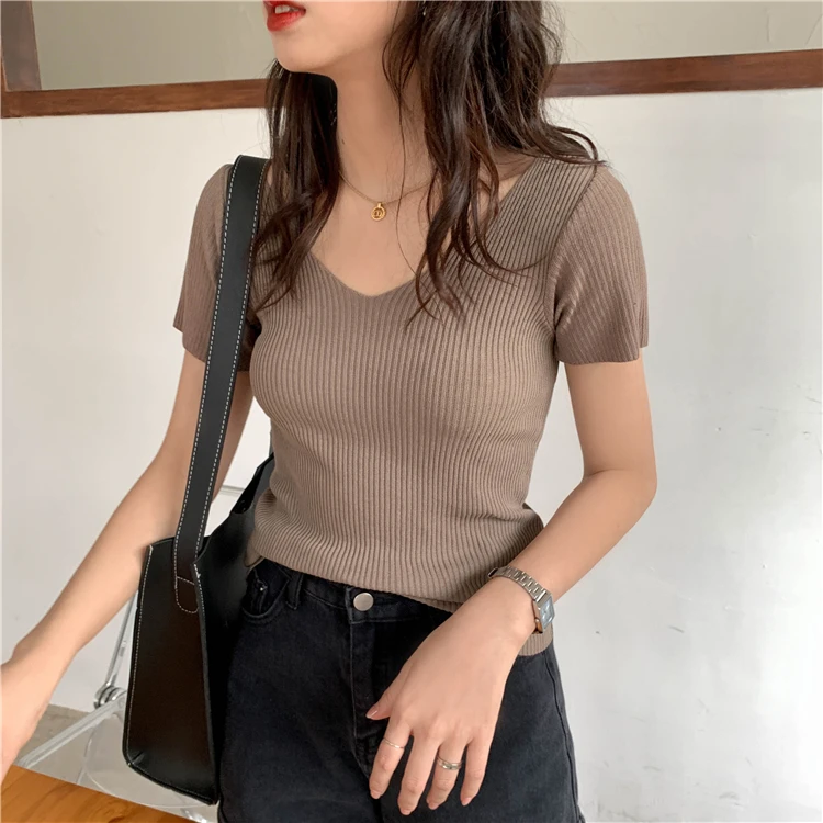 AOSSVIAO 2024 Basic V-neck Solid Thin Summer Pullover Women Female Knitted Ribbed Sweater Slim Short Sleeve Bodycon Sweater