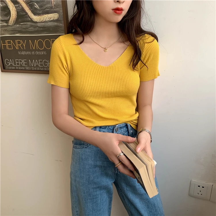 AOSSVIAO 2024 Basic V-neck Solid Thin Summer Pullover Women Female Knitted Ribbed Sweater Slim Short Sleeve Bodycon Sweater