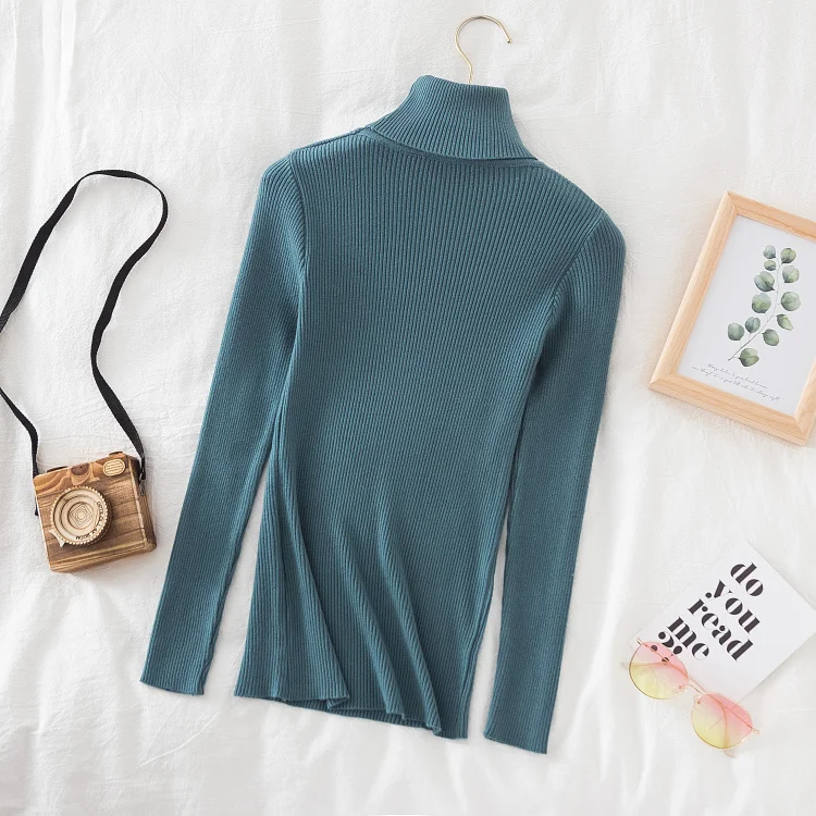 Korean Fashion Turtleneck Women Autumn Winter Pullover Sweater Basic Solid Casual Slim Stretch Ribbed Knitted Top Woman Sweaters