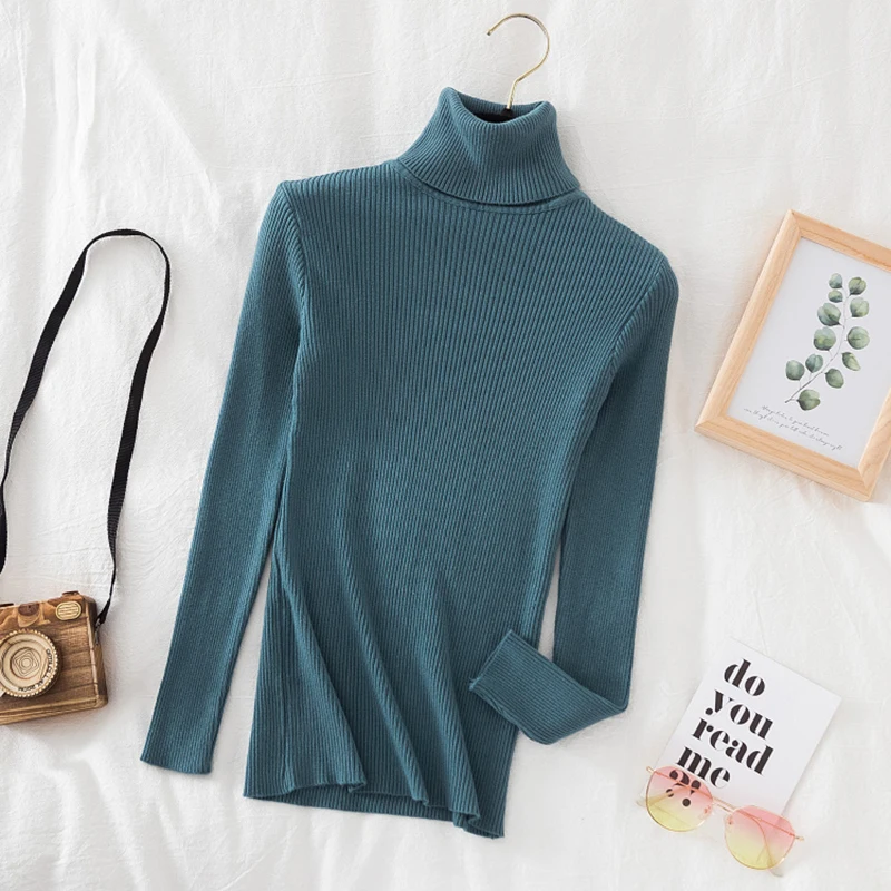 Korean Fashion Turtleneck Women Autumn Winter Pullover Sweater Basic Solid Casual Slim Stretch Ribbed Knitted Top Woman Sweaters