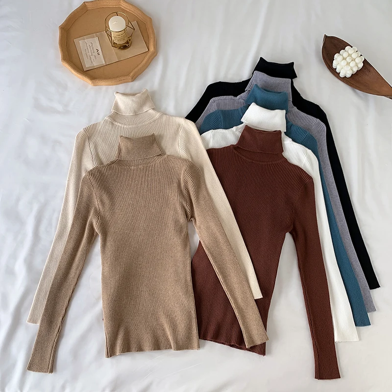 2024 Basic Turtleneck Women Sweaters Autumn Winter Thick Warm Pullover Slim Tops Ribbed Knitted Sweater Jumper Soft Pull Female