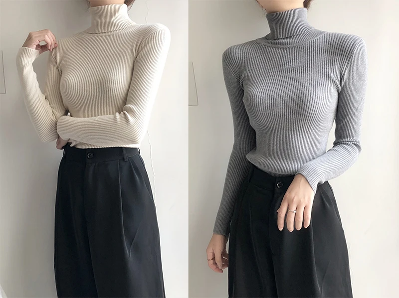 2024 Basic Turtleneck Women Sweaters Autumn Winter Thick Warm Pullover Slim Tops Ribbed Knitted Sweater Jumper Soft Pull Female