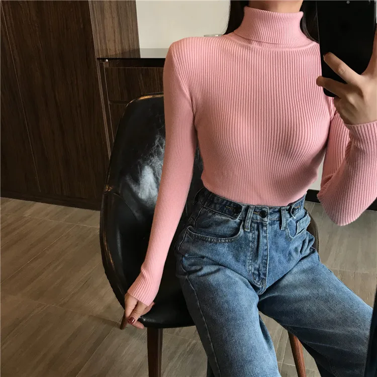 2024 Autumn Winter Thick Sweater Women Knitted Ribbed Pullover Sweater Long Sleeve Turtleneck Slim Jumper Soft Warm Pull Femme