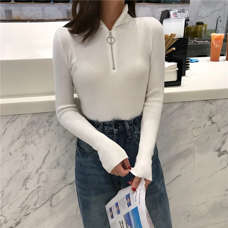 2024 Knitted Women Zipper High Neck Sweater Pullovers Turtleneck Autumn Winter Basic Women Sweaters Slim Fit Black Pull Femme