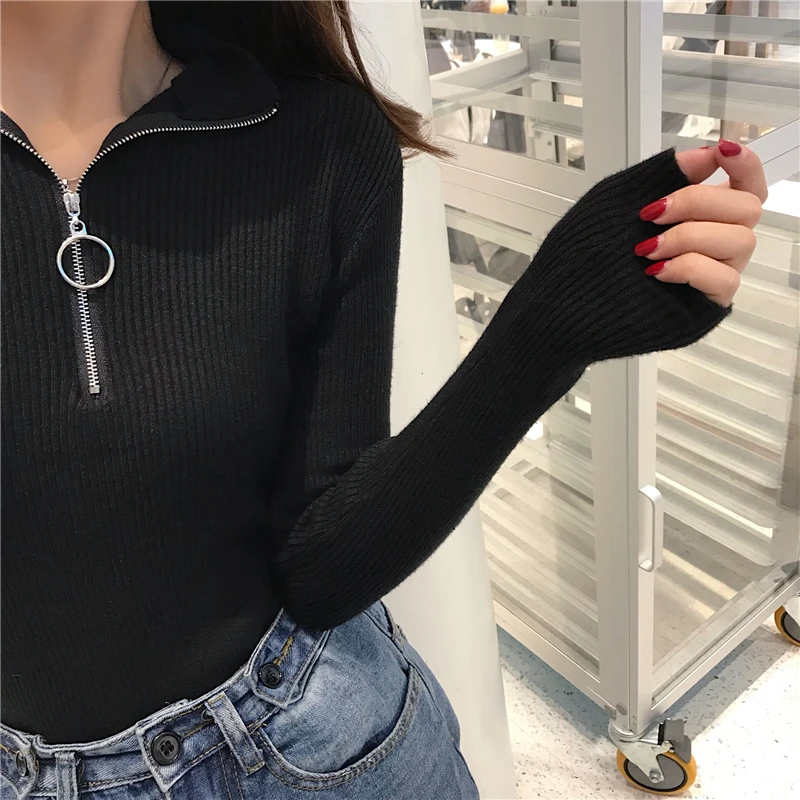 2024 Knitted Women Zipper High Neck Sweater Pullovers Turtleneck Autumn Winter Basic Women Sweaters Slim Fit Black Pull Femme