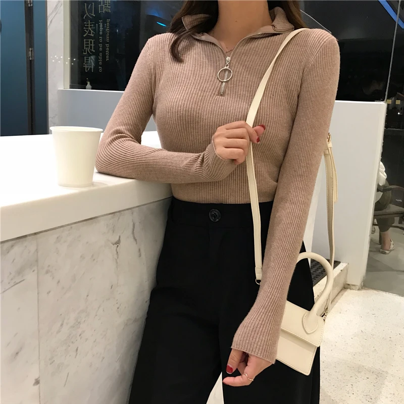 2024 Knitted Women Zipper High Neck Sweater Pullovers Turtleneck Autumn Winter Basic Women Sweaters Slim Fit Black Pull Femme