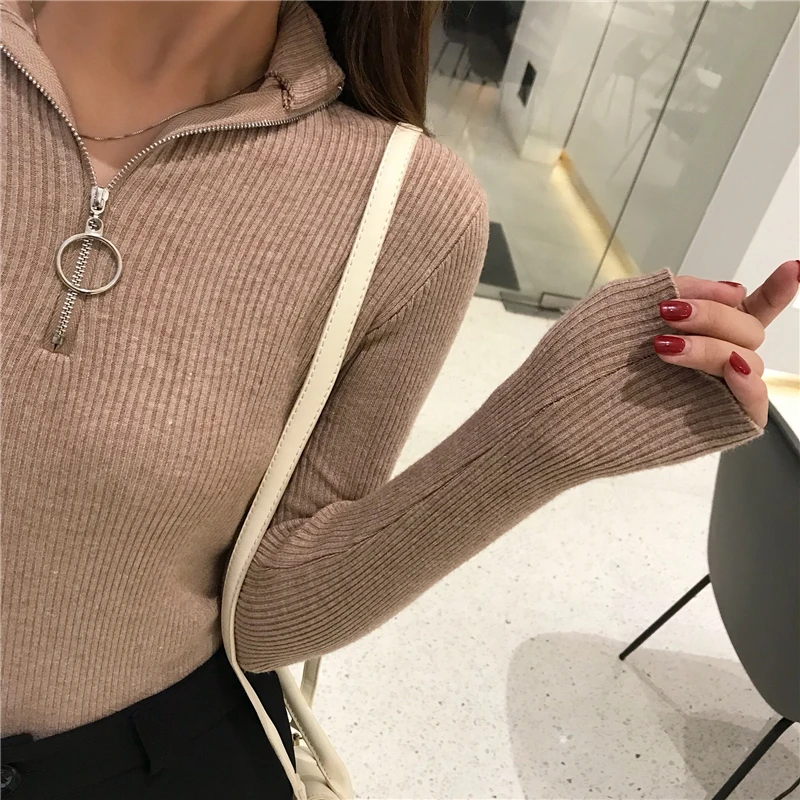 2024 Knitted Women Zipper High Neck Sweater Pullovers Turtleneck Autumn Winter Basic Women Sweaters Slim Fit Black Pull Femme