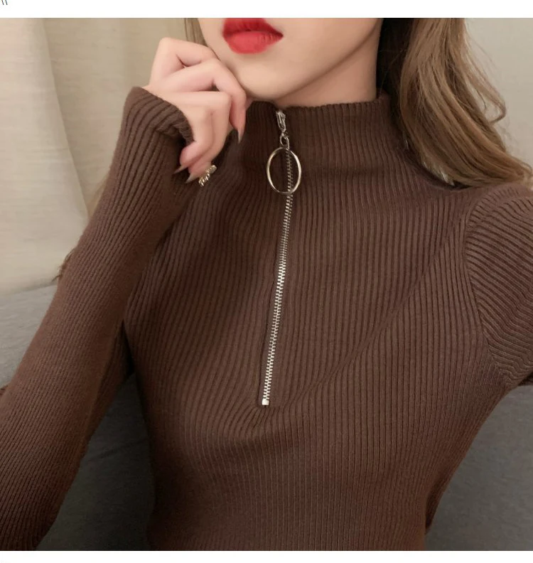 2024 Knitted Women Zipper High Neck Sweater Pullovers Turtleneck Autumn Winter Basic Women Sweaters Slim Fit Black Pull Femme