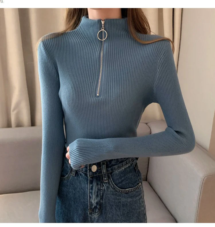 2024 Knitted Women Zipper High Neck Sweater Pullovers Turtleneck Autumn Winter Basic Women Sweaters Slim Fit Black Pull Femme