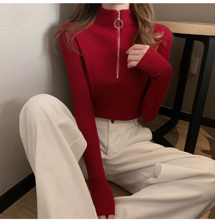 2024 Knitted Women Zipper High Neck Sweater Pullovers Turtleneck Autumn Winter Basic Women Sweaters Slim Fit Black Pull Femme