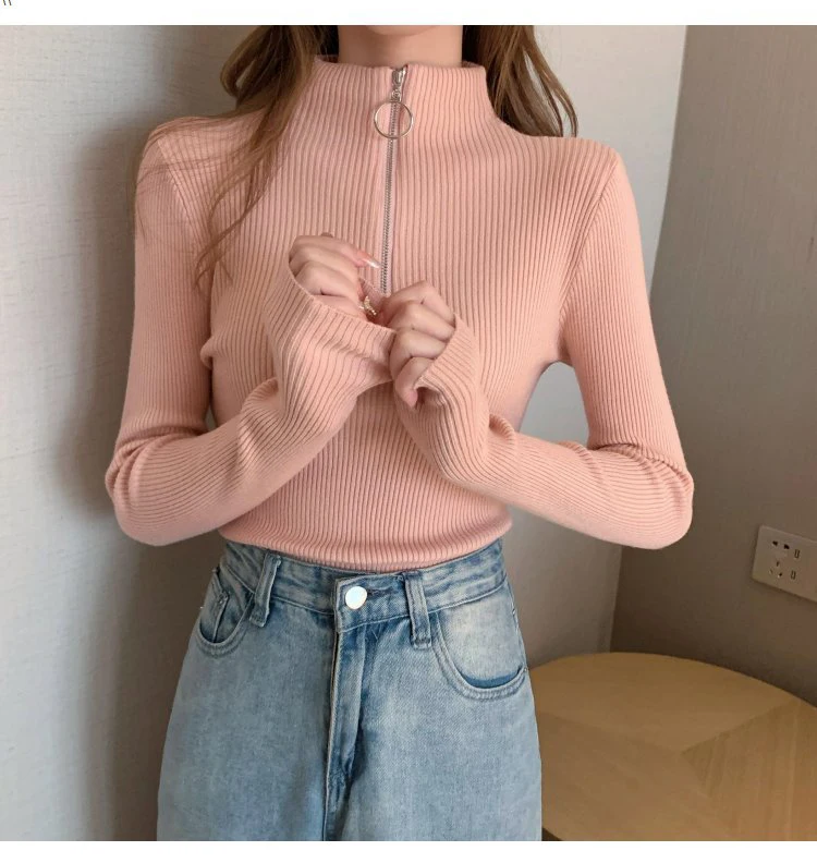 2024 Knitted Women Zipper High Neck Sweater Pullovers Turtleneck Autumn Winter Basic Women Sweaters Slim Fit Black Pull Femme