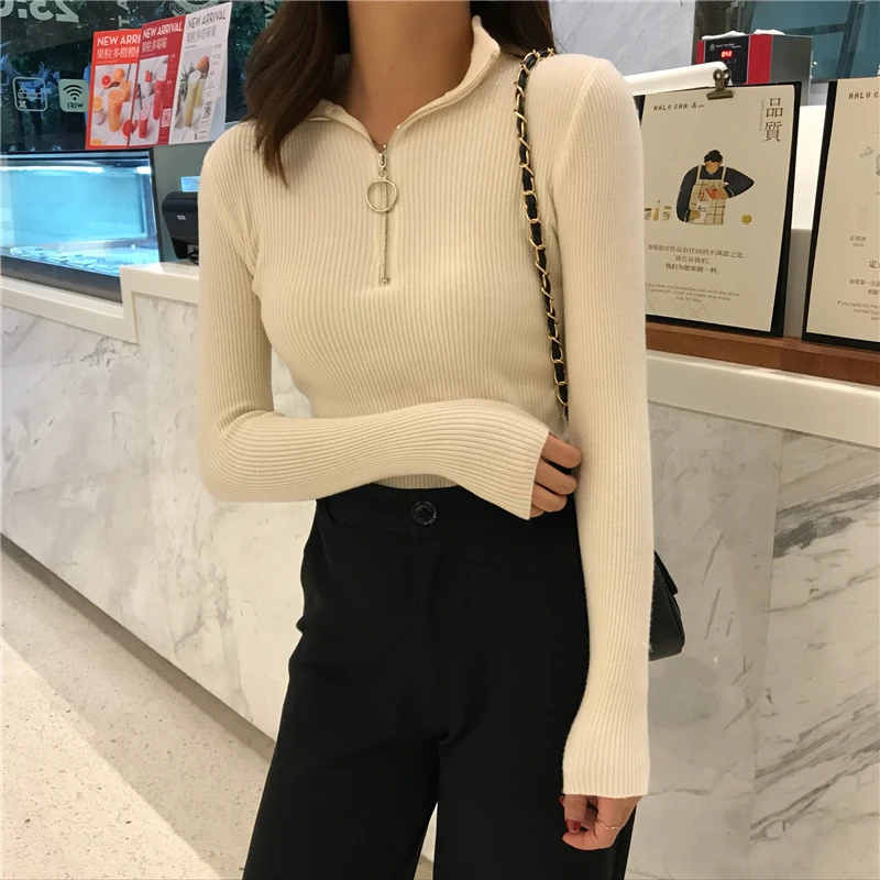 2024 Knitted Women Zipper High Neck Sweater Pullovers Turtleneck Autumn Winter Basic Women Sweaters Slim Fit Black Pull Femme