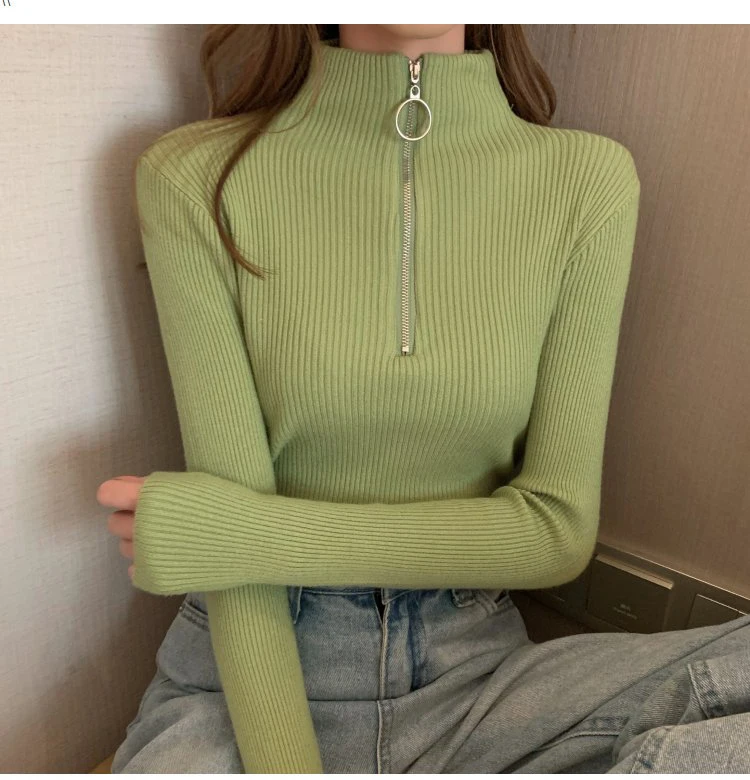 2024 Knitted Women Zipper High Neck Sweater Pullovers Turtleneck Autumn Winter Basic Women Sweaters Slim Fit Black Pull Femme