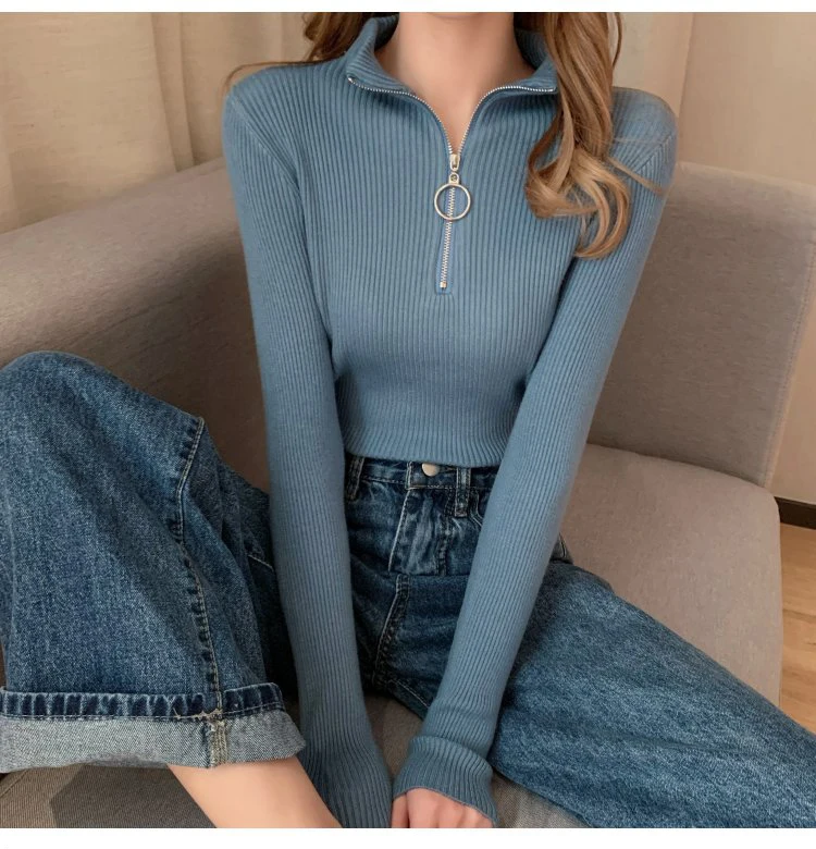 2024 Knitted Women Zipper High Neck Sweater Pullovers Turtleneck Autumn Winter Basic Women Sweaters Slim Fit Black Pull Femme