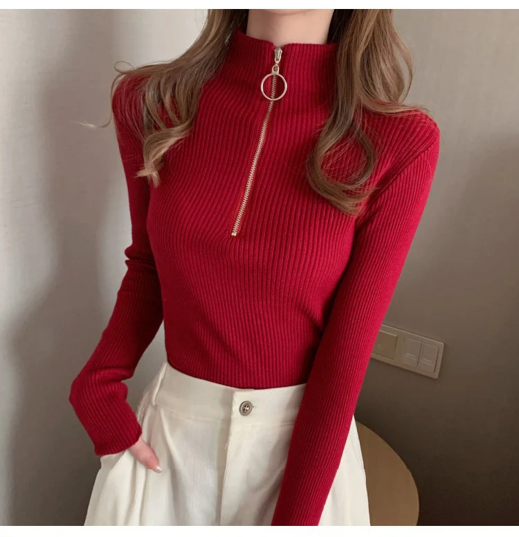 2024 Knitted Women Zipper High Neck Sweater Pullovers Turtleneck Autumn Winter Basic Women Sweaters Slim Fit Black Pull Femme