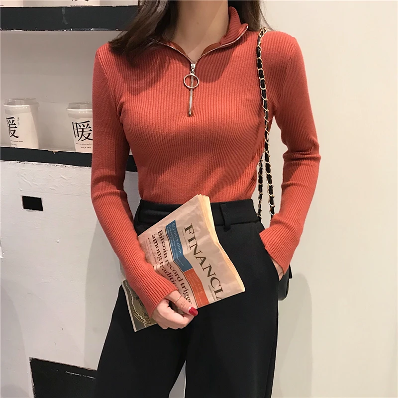 2024 Knitted Women Zipper High Neck Sweater Pullovers Turtleneck Autumn Winter Basic Women Sweaters Slim Fit Black Pull Femme