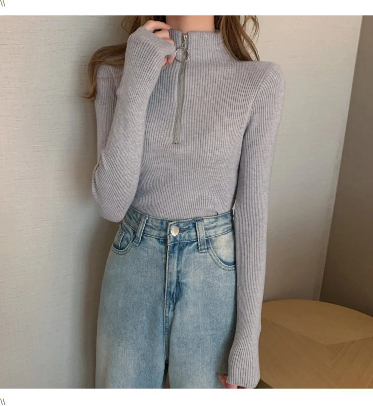 2024 Knitted Women Zipper High Neck Sweater Pullovers Turtleneck Autumn Winter Basic Women Sweaters Slim Fit Black Pull Femme