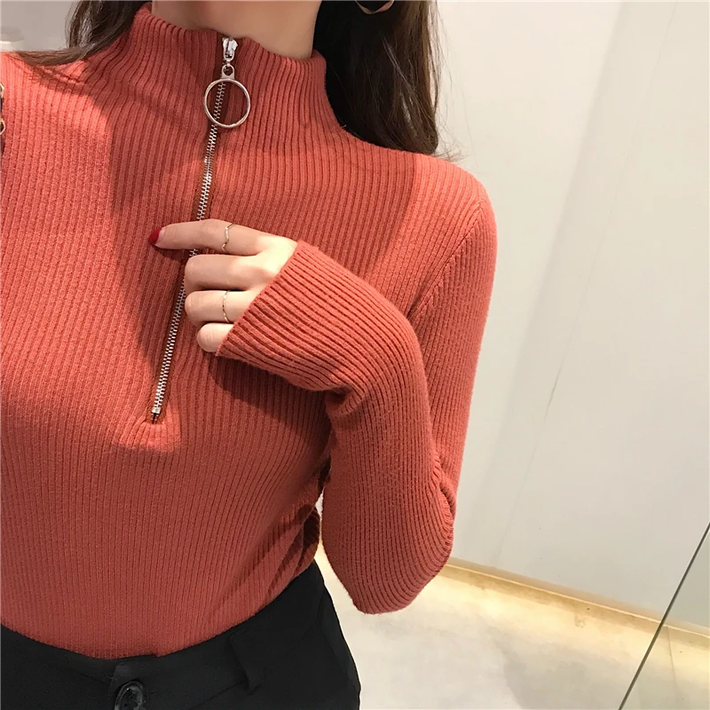 2024 Knitted Women Zipper High Neck Sweater Pullovers Turtleneck Autumn Winter Basic Women Sweaters Slim Fit Black Pull Femme