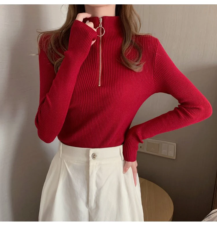 2024 Knitted Women Zipper High Neck Sweater Pullovers Turtleneck Autumn Winter Basic Women Sweaters Slim Fit Black Pull Femme