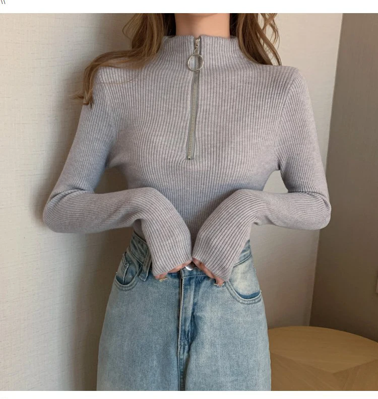 2024 Knitted Women Zipper High Neck Sweater Pullovers Turtleneck Autumn Winter Basic Women Sweaters Slim Fit Black Pull Femme