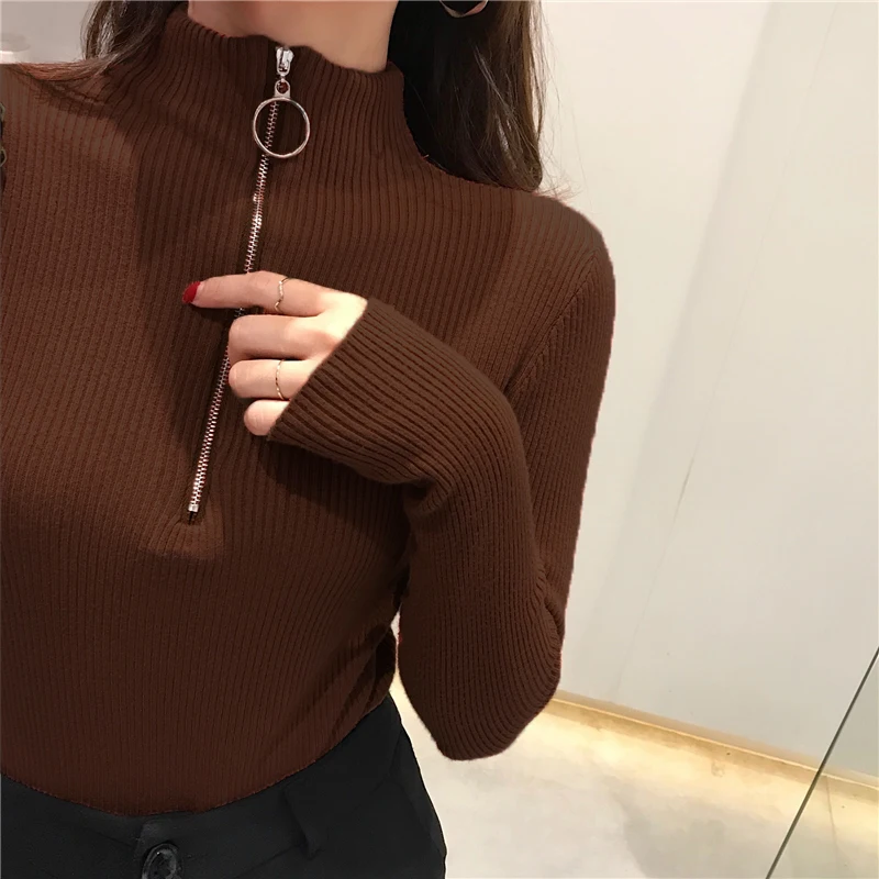 2024 Knitted Women Zipper High Neck Sweater Pullovers Turtleneck Autumn Winter Basic Women Sweaters Slim Fit Black Pull Femme