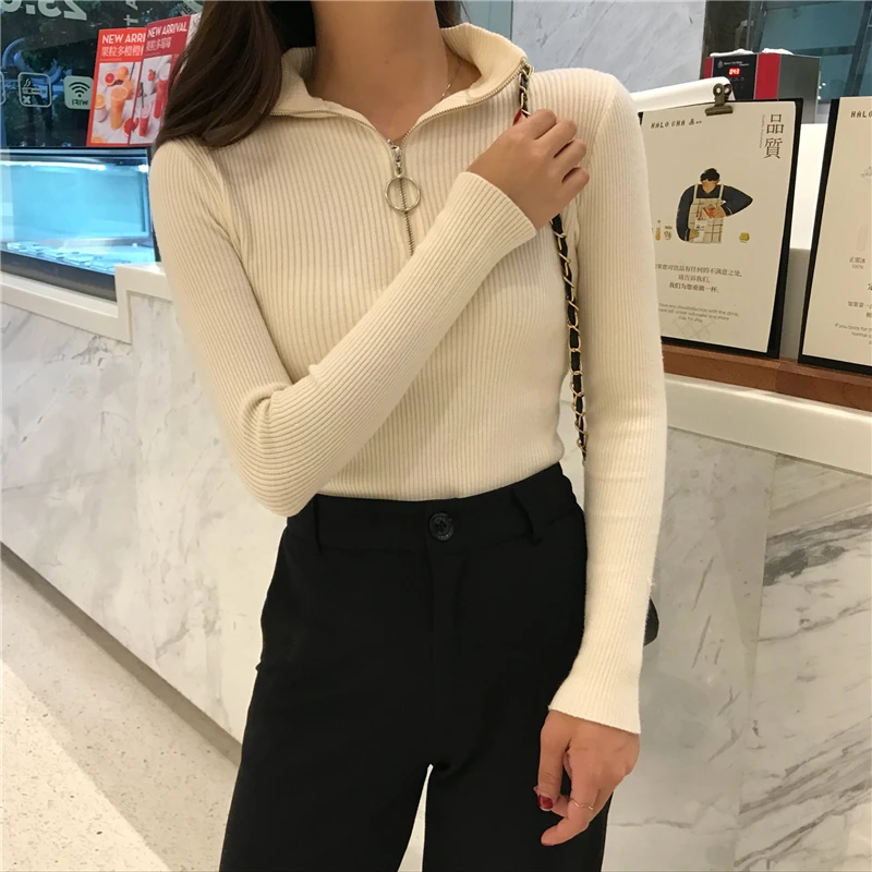 2024 Knitted Women Zipper High Neck Sweater Pullovers Turtleneck Autumn Winter Basic Women Sweaters Slim Fit Black Pull Femme