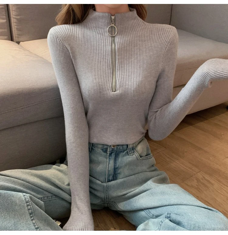 2024 Knitted Women Zipper High Neck Sweater Pullovers Turtleneck Autumn Winter Basic Women Sweaters Slim Fit Black Pull Femme