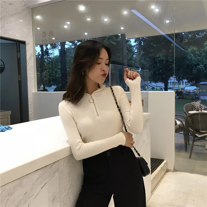 2024 Knitted Women Zipper High Neck Sweater Pullovers Turtleneck Autumn Winter Basic Women Sweaters Slim Fit Black Pull Femme