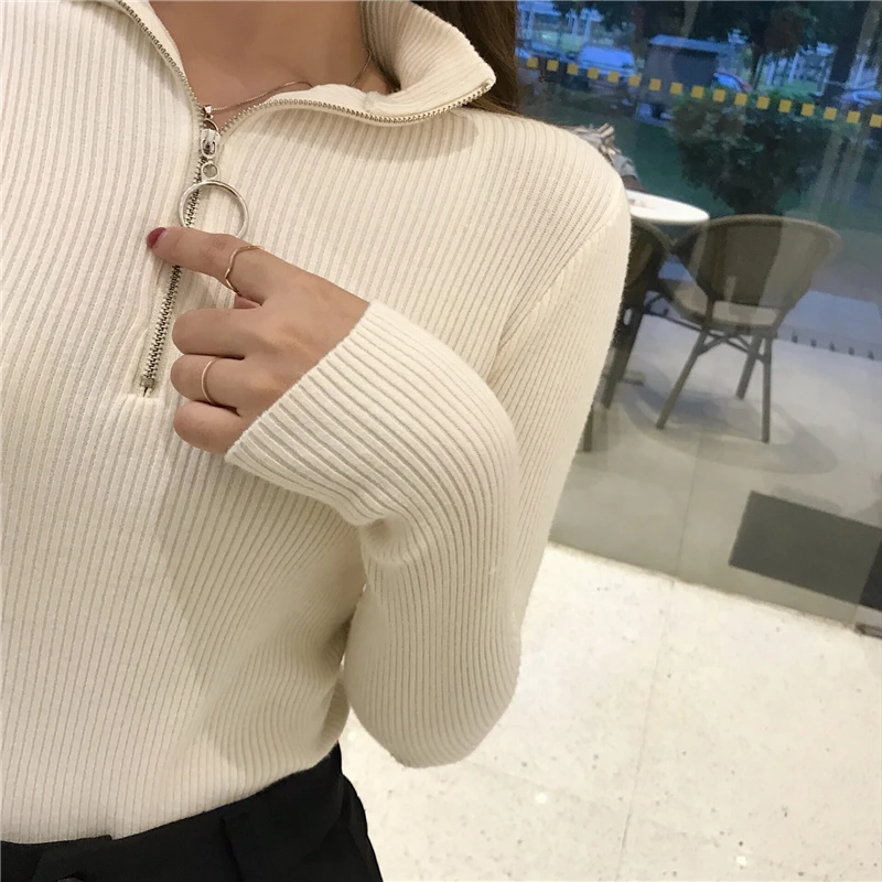 2024 Knitted Women Zipper High Neck Sweater Pullovers Turtleneck Autumn Winter Basic Women Sweaters Slim Fit Black Pull Femme