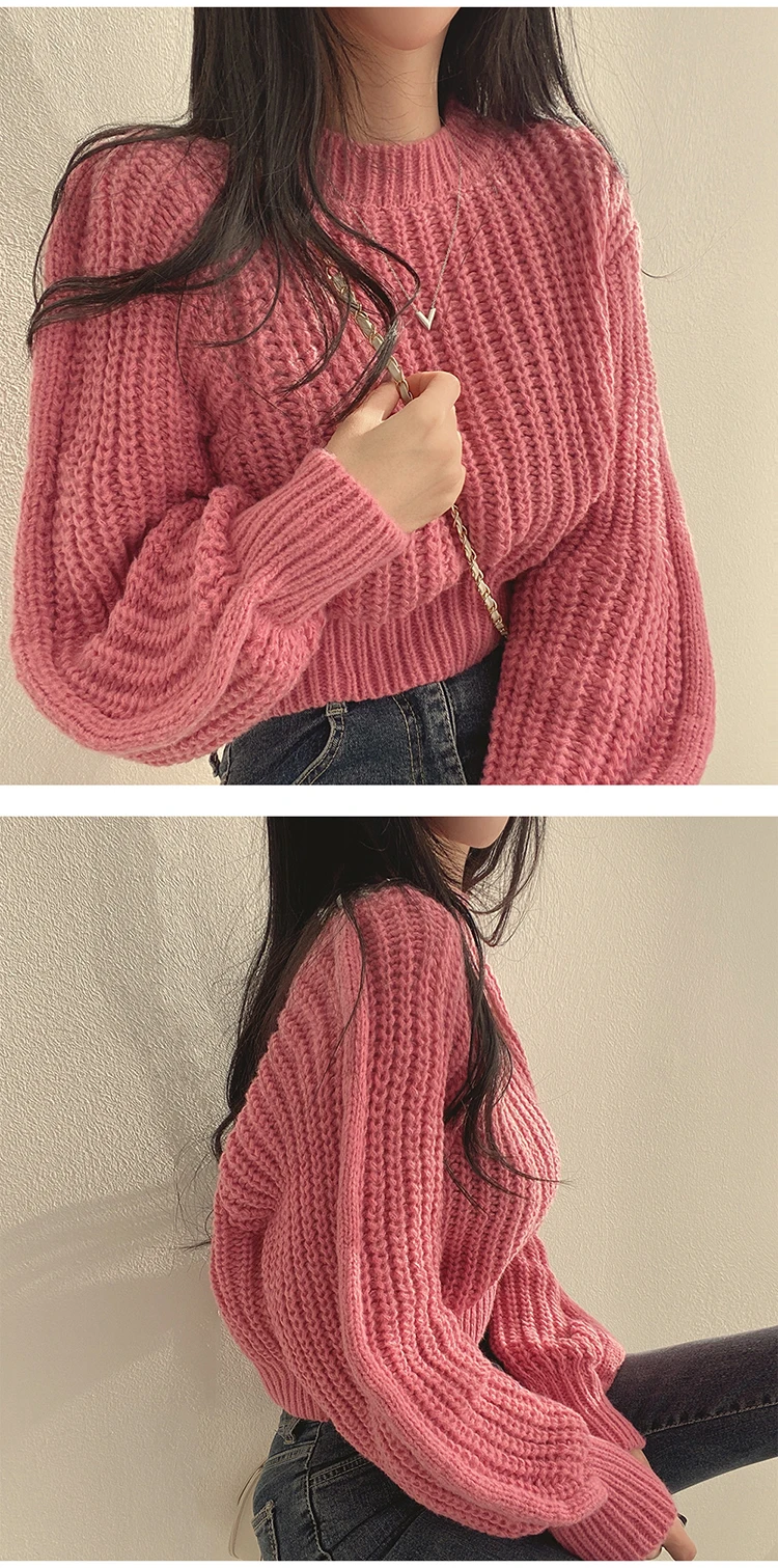 Vintage Harajuku Lantern Long Sleeve Women Sweater Casual Korean Autumn Winter Knitwear Soft Warm Tops Chic Solid Femme Sweater