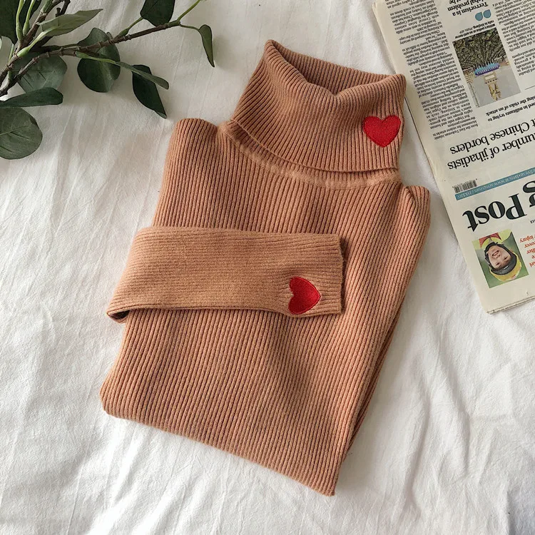 2024 Knitted Women Sweater Ribbed Pullovers Heart Embroidery Turtleneck Autumn Winter Basic Women Sweaters Fit Soft Warm Tops