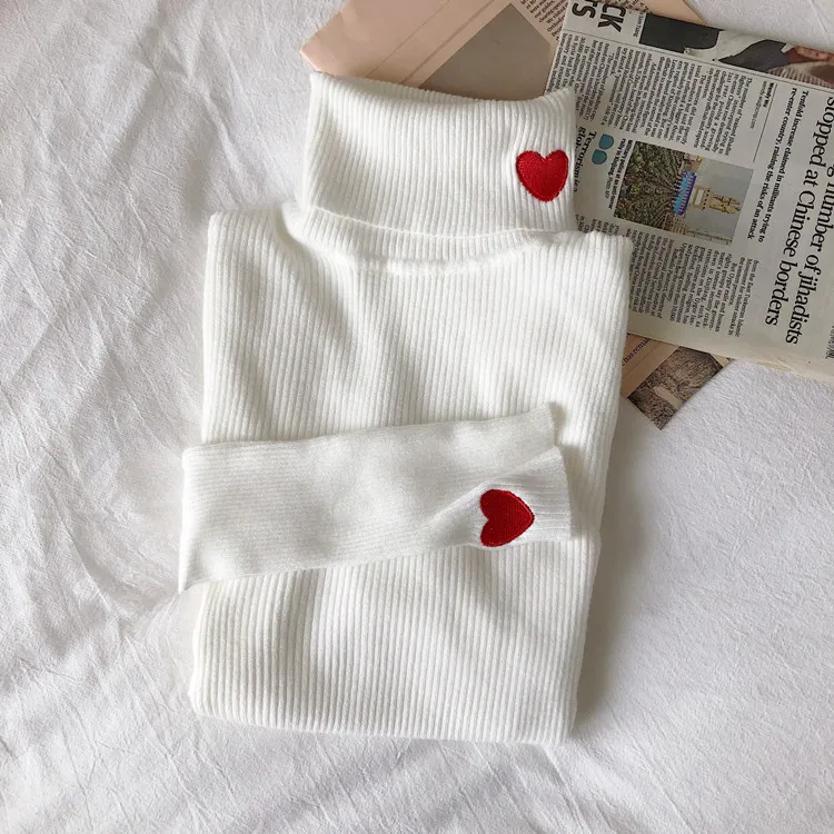 2024 Knitted Women Sweater Ribbed Pullovers Heart Embroidery Turtleneck Autumn Winter Basic Women Sweaters Fit Soft Warm Tops