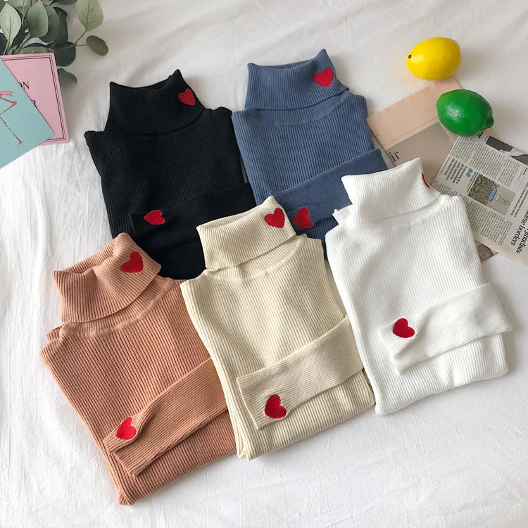 2024 Knitted Women Sweater Ribbed Pullovers Heart Embroidery Turtleneck Autumn Winter Basic Women Sweaters Fit Soft Warm Tops