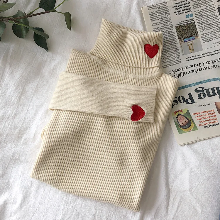 2024 Knitted Women Sweater Ribbed Pullovers Heart Embroidery Turtleneck Autumn Winter Basic Women Sweaters Fit Soft Warm Tops