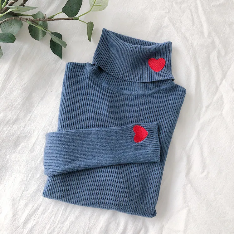 2024 Knitted Women Sweater Ribbed Pullovers Heart Embroidery Turtleneck Autumn Winter Basic Women Sweaters Fit Soft Warm Tops