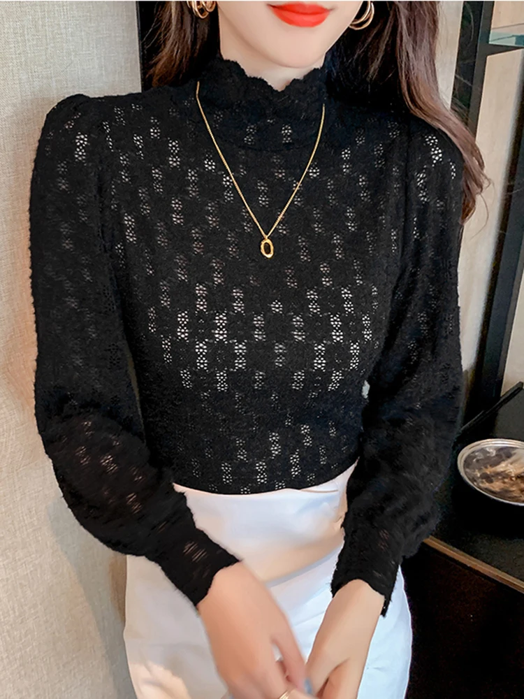 AOSSVIAO T-Shirt Woman Korea Loose Cotton T Shirt Women 2024 Autumn Casual Top Tee Mesh Lace Long Sleeve Tshirt Basic Winter