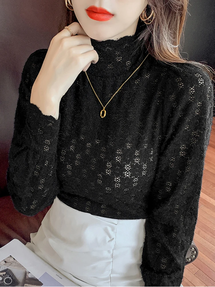 AOSSVIAO T-Shirt Woman Korea Loose Cotton T Shirt Women 2024 Autumn Casual Top Tee Mesh Lace Long Sleeve Tshirt Basic Winter