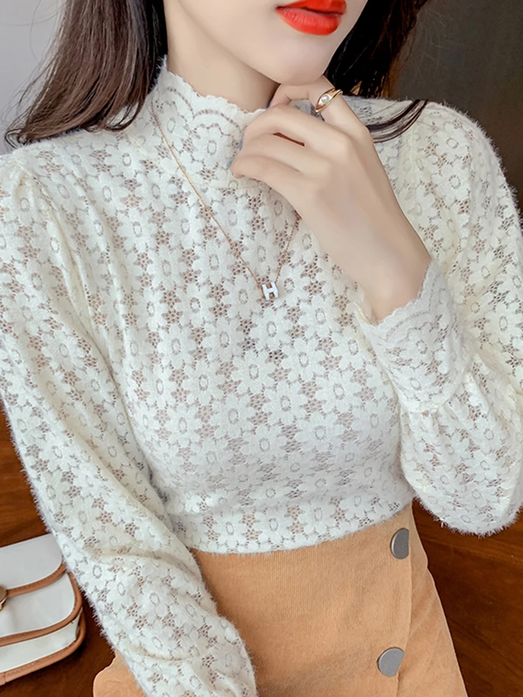 AOSSVIAO T-Shirt Woman Korea Loose Cotton T Shirt Women 2024 Autumn Casual Top Tee Mesh Lace Long Sleeve Tshirt Basic Winter