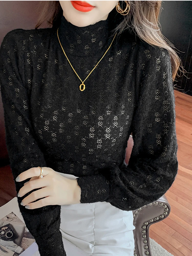 AOSSVIAO T-Shirt Woman Korea Loose Cotton T Shirt Women 2024 Autumn Casual Top Tee Mesh Lace Long Sleeve Tshirt Basic Winter