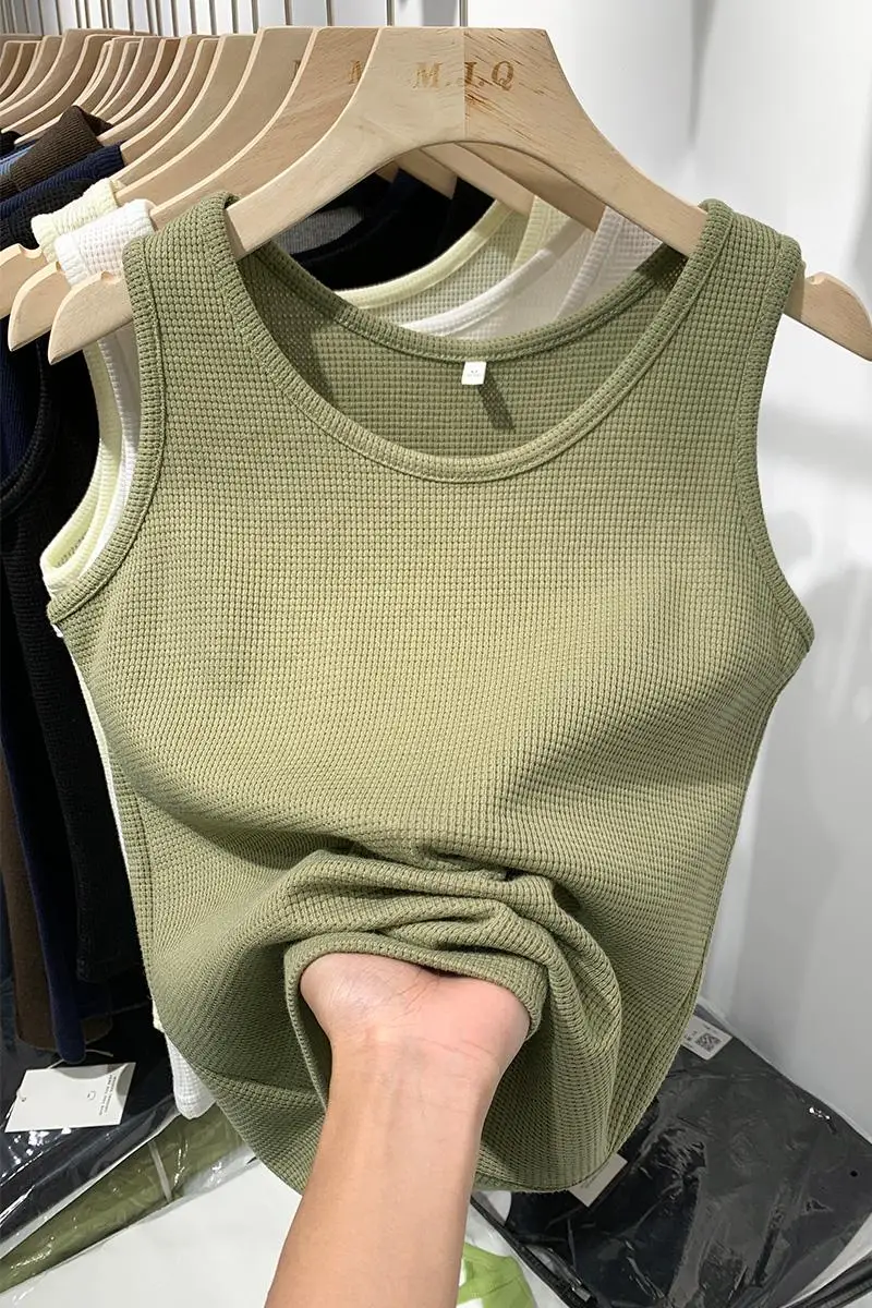 2024 Summer Women Sleeveless Tank Tops Screw Thread Crop Top O-neck Slimfit Knitted Vest Female Solid Camis Cropped Streetwear