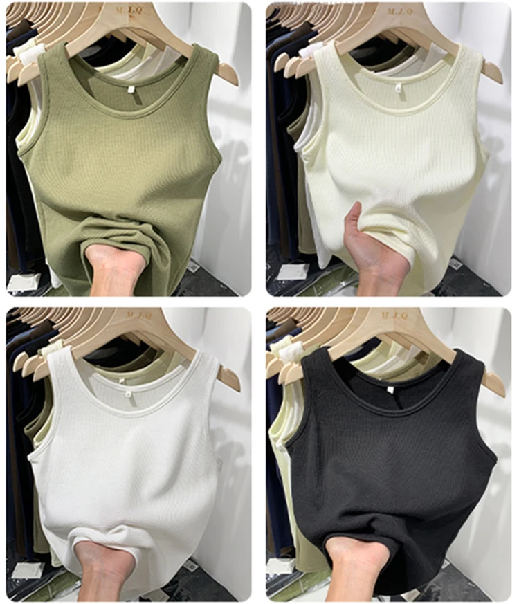 2024 Summer Women Sleeveless Tank Tops Screw Thread Crop Top O-neck Slimfit Knitted Vest Female Solid Camis Cropped Streetwear