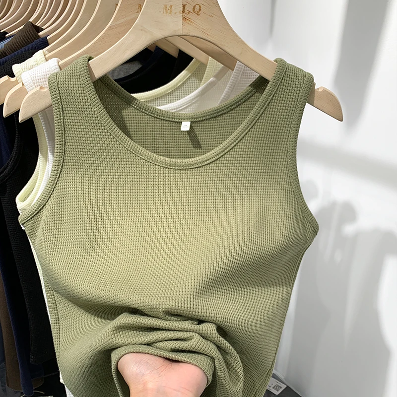 2024 Summer Women Sleeveless Tank Tops Screw Thread Crop Top O-neck Slimfit Knitted Vest Female Solid Camis Cropped Streetwear