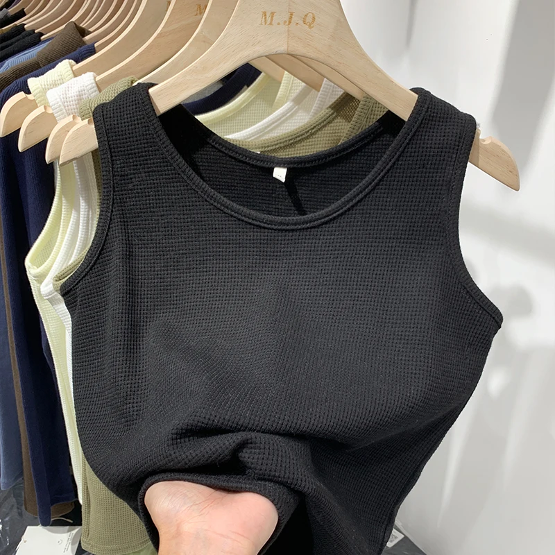 2024 Summer Women Sleeveless Tank Tops Screw Thread Crop Top O-neck Slimfit Knitted Vest Female Solid Camis Cropped Streetwear