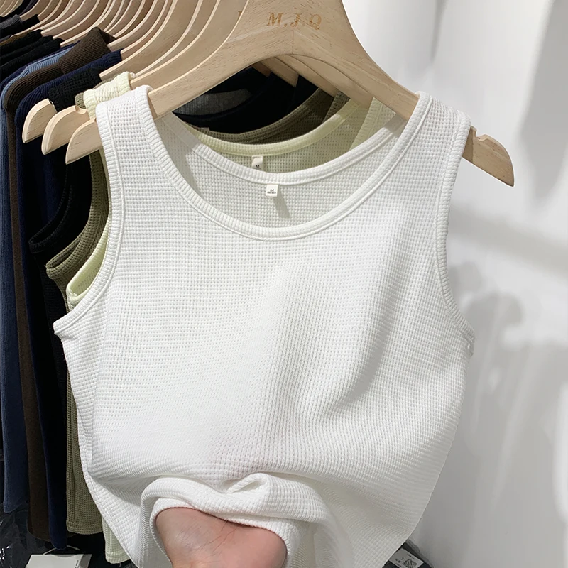 2024 Summer Women Sleeveless Tank Tops Screw Thread Crop Top O-neck Slimfit Knitted Vest Female Solid Camis Cropped Streetwear