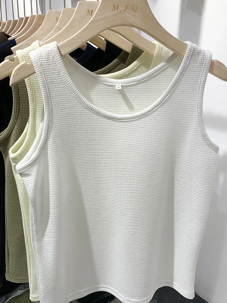 2024 Summer Women Sleeveless Tank Tops Screw Thread Crop Top O-neck Slimfit Knitted Vest Female Solid Camis Cropped Streetwear