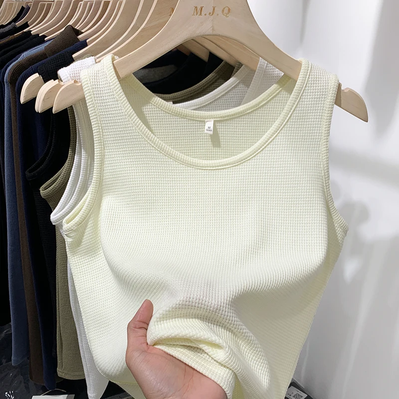 2024 Summer Women Sleeveless Tank Tops Screw Thread Crop Top O-neck Slimfit Knitted Vest Female Solid Camis Cropped Streetwear