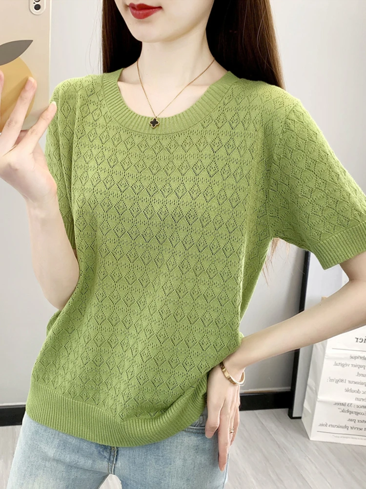 Hollow Out T-shirts Women Summer Ice Silk Knitted Female Tshirt Half Sleeve Casual Loose Korean Solid O-neck Pullover Tops 2024