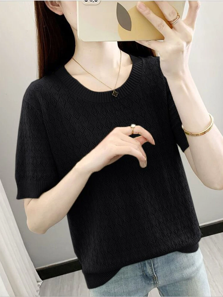 Hollow Out T-shirts Women Summer Ice Silk Knitted Female Tshirt Half Sleeve Casual Loose Korean Solid O-neck Pullover Tops 2024