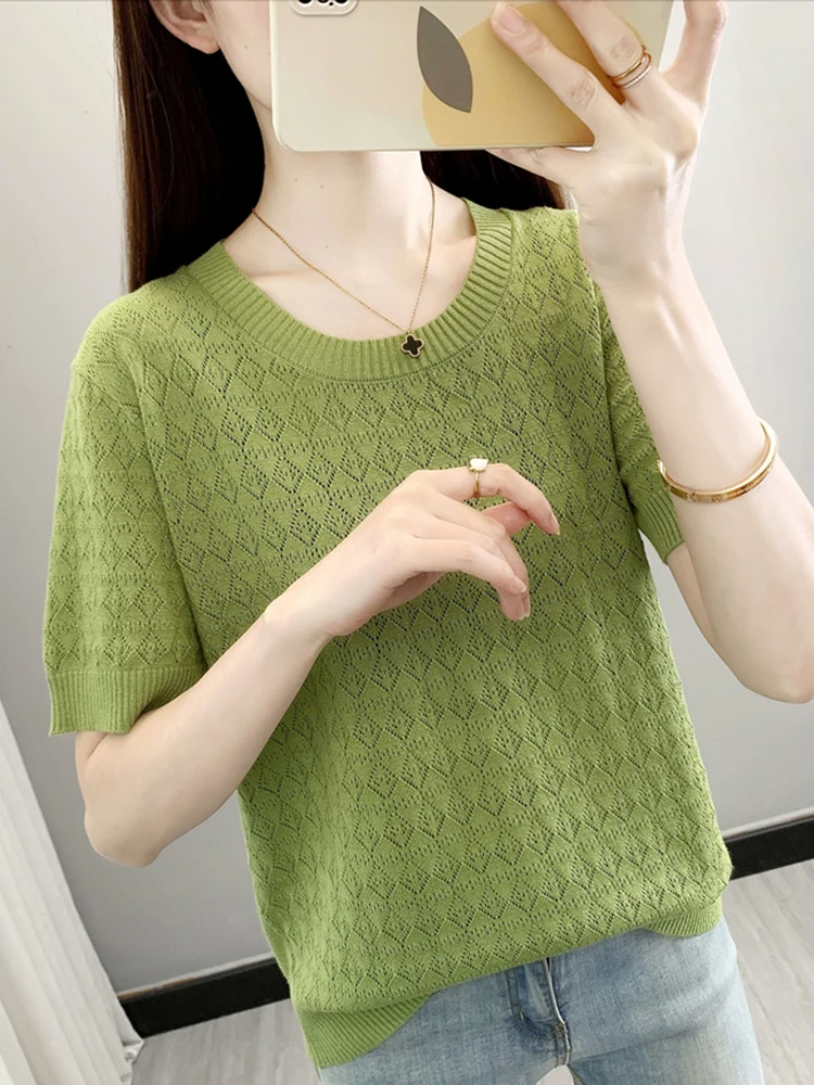 Hollow Out T-shirts Women Summer Ice Silk Knitted Female Tshirt Half Sleeve Casual Loose Korean Solid O-neck Pullover Tops 2024